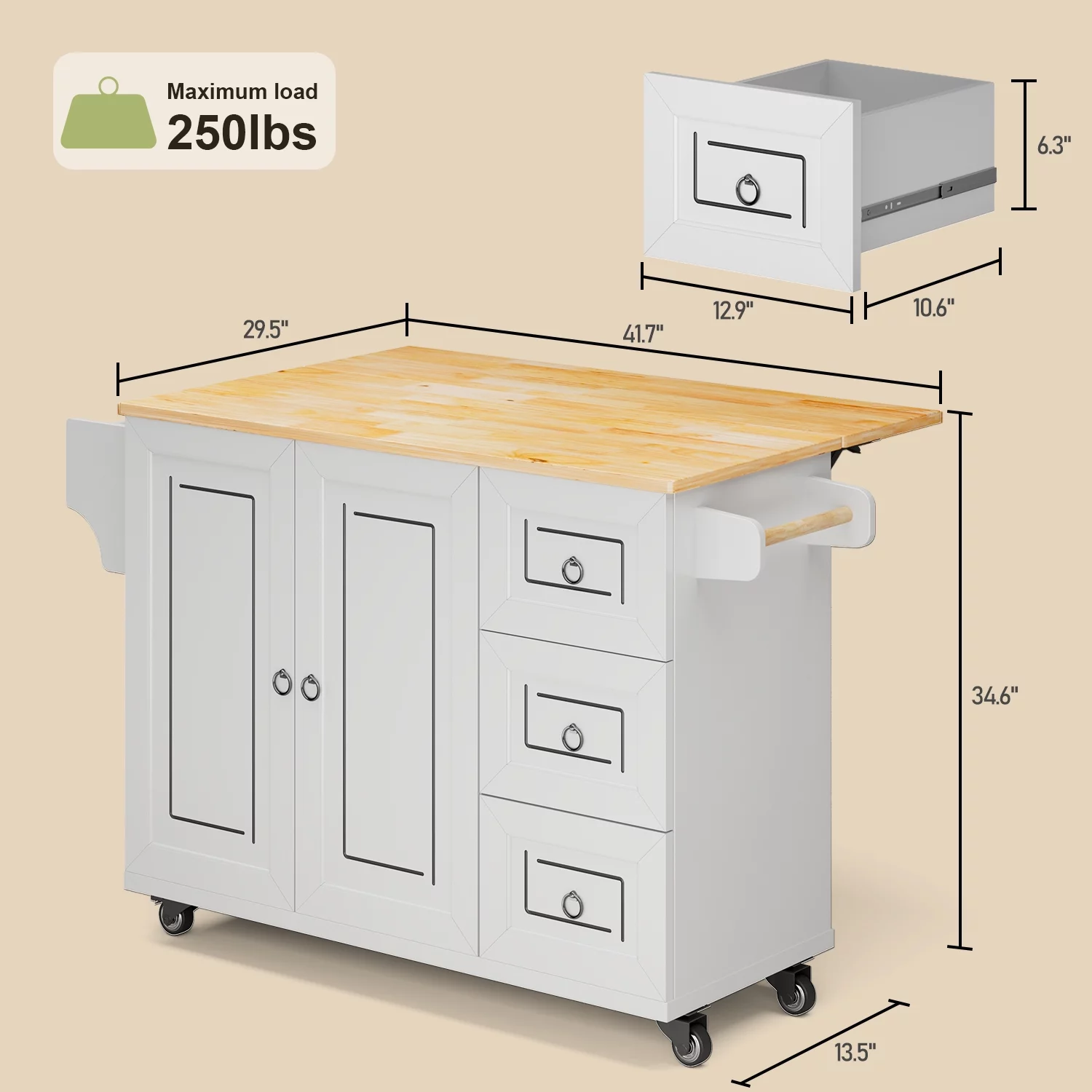 Lofka 42" Kitchen Island with Storage, Kitchen Island on Wheel with Wood Drop Leaf Tabletop,White