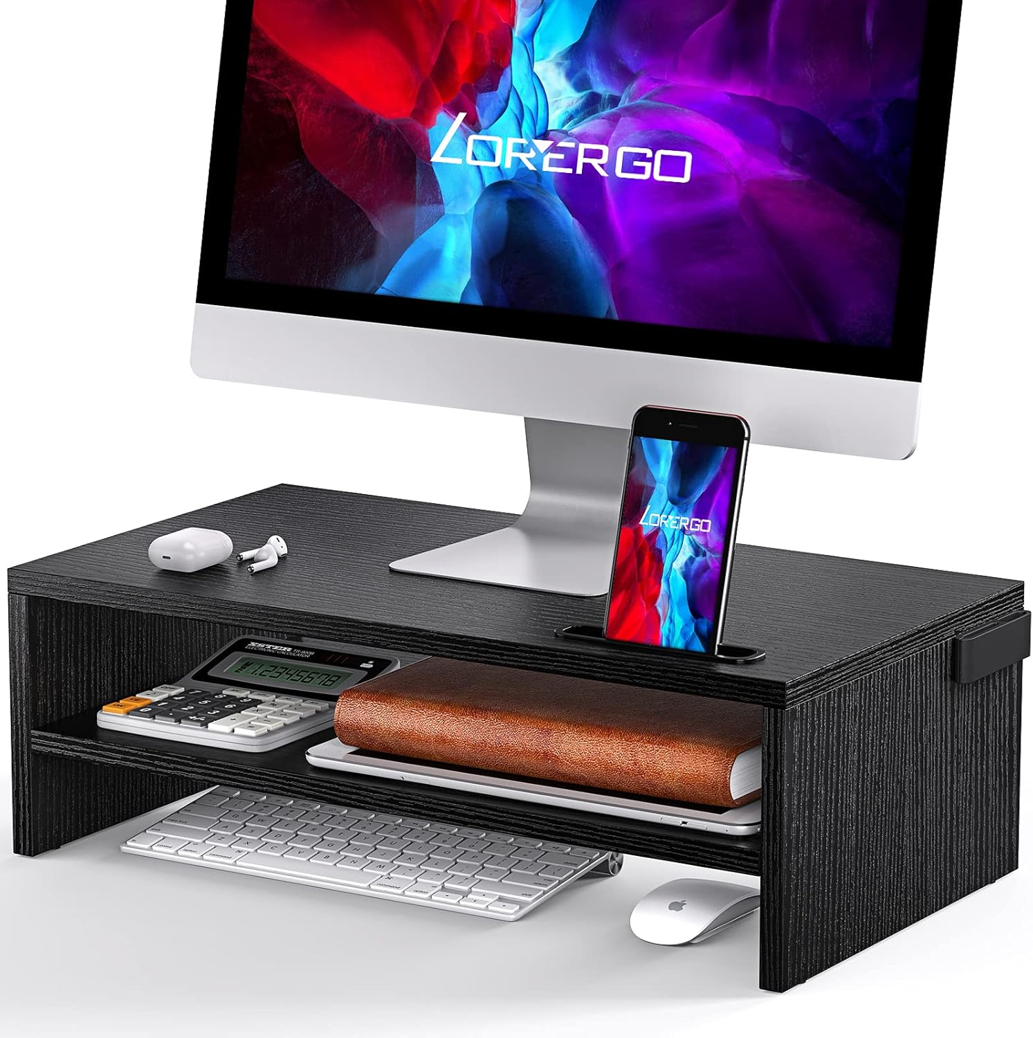 LORYERGO Monitor Stand, 2 Tier Computer Stand, Monitor Stand Riser with Cellphone Holder & Storage Space