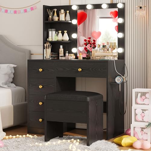 IRONCK Vanity Desk with Mirror and Lights, Small Makeup Vanity Table with 5 Drawers, Power Outlet, and Vanity Stool, 3 Lighting Colors
