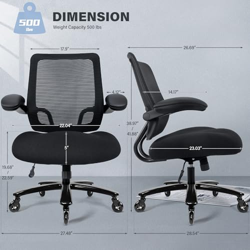 500lbs Big and Tall Office Chair - Heavy Duty Mesh Ergonomic Desk Chair, High Back Computer Chair - Flip-up Armrests, Wide Thick Seat Cushion