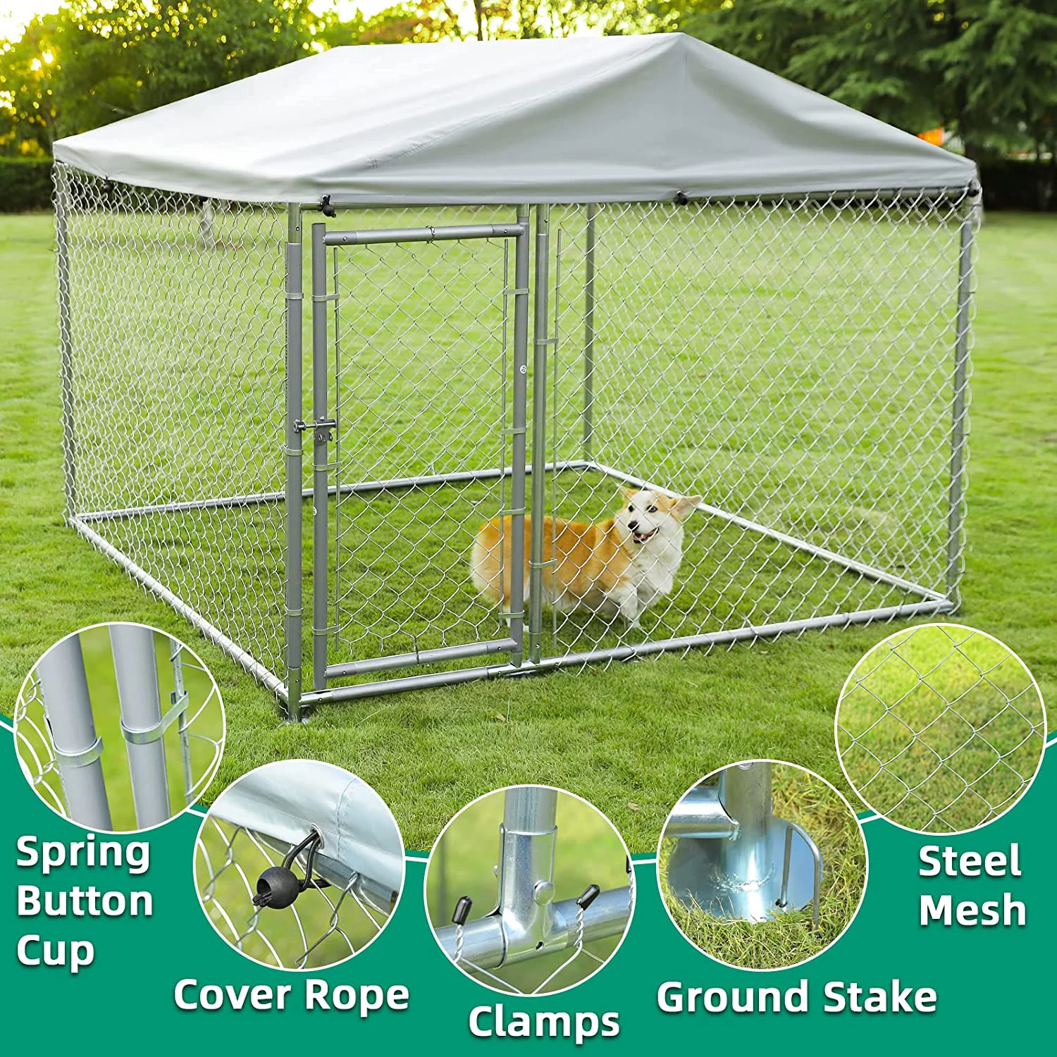 VIVIJASON Outdoor Large Dog Kennel Heavy Duty Fence Dog Cage with Galvanized Chain Link