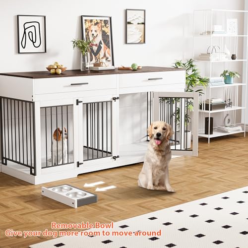 Rophefx 72" Dog Crate Furniture for 2 Dogs, Large Double Dog Kennel Indoor Furniture with 2 Storage Drawers and Removable Divider
