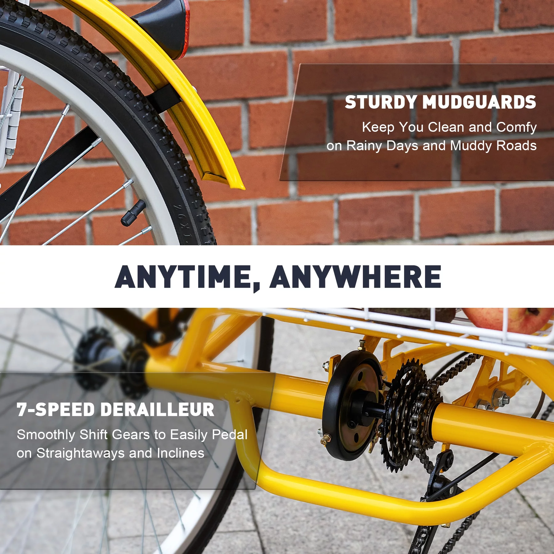 VIRIBUS 26 Inch Adult Tricycle 7 Speed 3 Wheel Cruiser Bike Trike w Rear Basket, Yellow - Curated Treasures Market