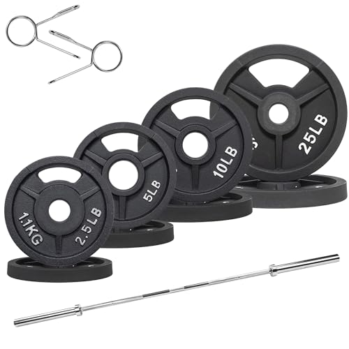 Olympic Cast Iron 2-Inch Weight Plates Including 5FT Olympic Barbell Bar & Safely Locks, 100 Pounds Set (85 lbs Plates + 15 lbs Barbell Bar)