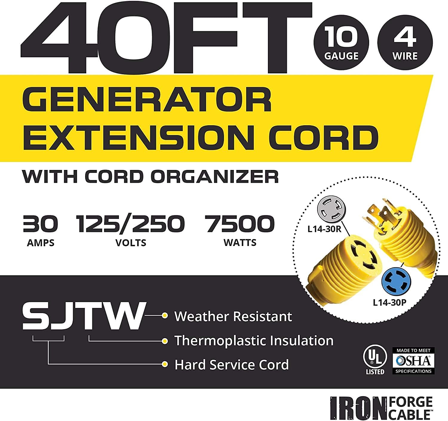 30 Amp Generator Cord - 25 Ft 4 Outlet Generator Power Cable with Organizer, L14-30, 10/4 SJTW, 125/250v, 7500 Watt