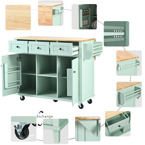 Rolling Kitchen Island with Drop Leaf & Power Outlet, Large Kitchen Islands Cart on Wheels