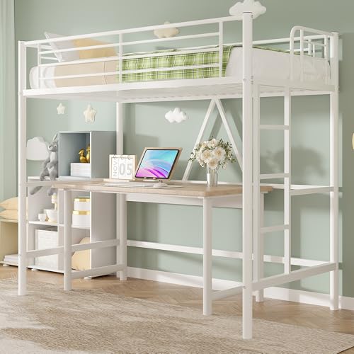 VECELO Metal Loft Bed Twin Size, Heavy Duty Bedframe with Removable Ladder and Safety Guardrail, Space-Saving, Noise Free, No Box Spring Needed