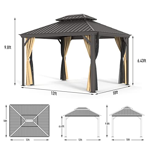 Gazebo 10' x 12' with Mosquito Net and Privacy Sidewalls, Patio Aluminum Permanent Gazebo, All Weatherproof Outdoor Hardtop Metal Gazebos，for Patio