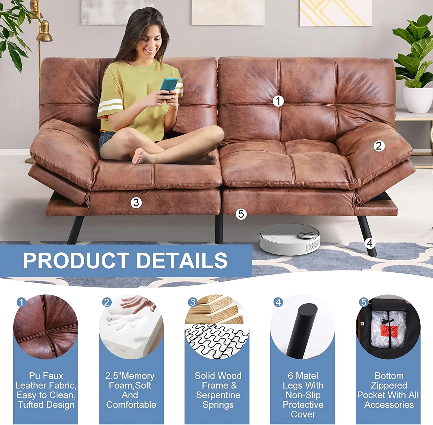 RUNFAYBIU Futon Sofa Bed Memory Foam Futon Couch Bed Sofa Sleeper Modern Convertible Faux Leather Futon for Living Room Small Love seat for Apartment