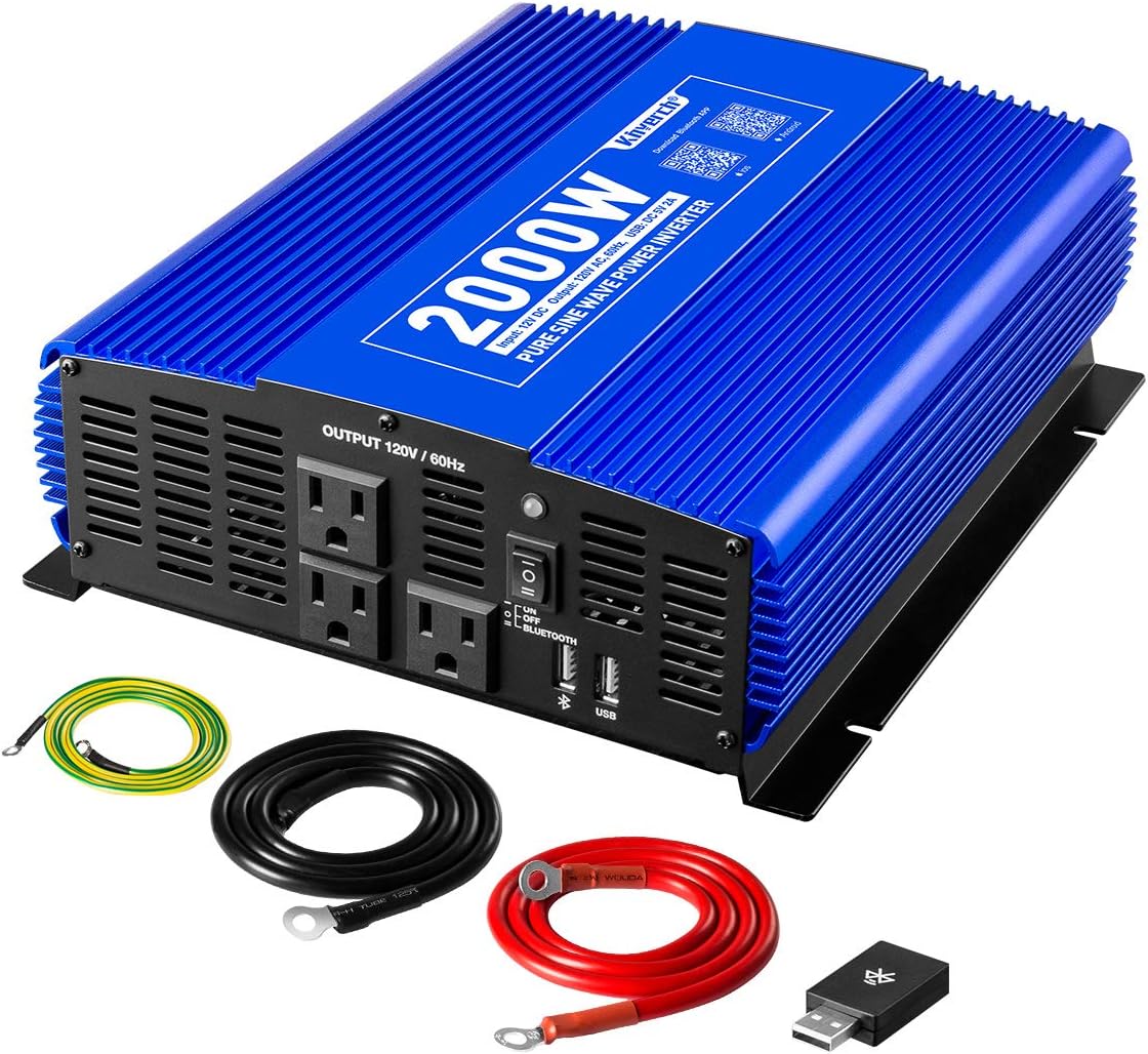 Kinverch 2000W Pure Sine Wave Inverter 12V DC to 110V AC Power Inverter for Car/Truck/RV with 3 AC Outlets &1USB Ports &Bluetooth Remote Control