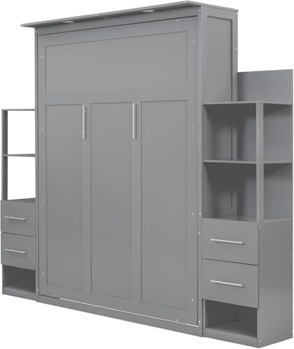 MERITLINE Queen Murphy Bed with Storage Drawers,LED Lights and Shelves,Wood Murphy Wall Bed Cabinet for Adults (Grey)