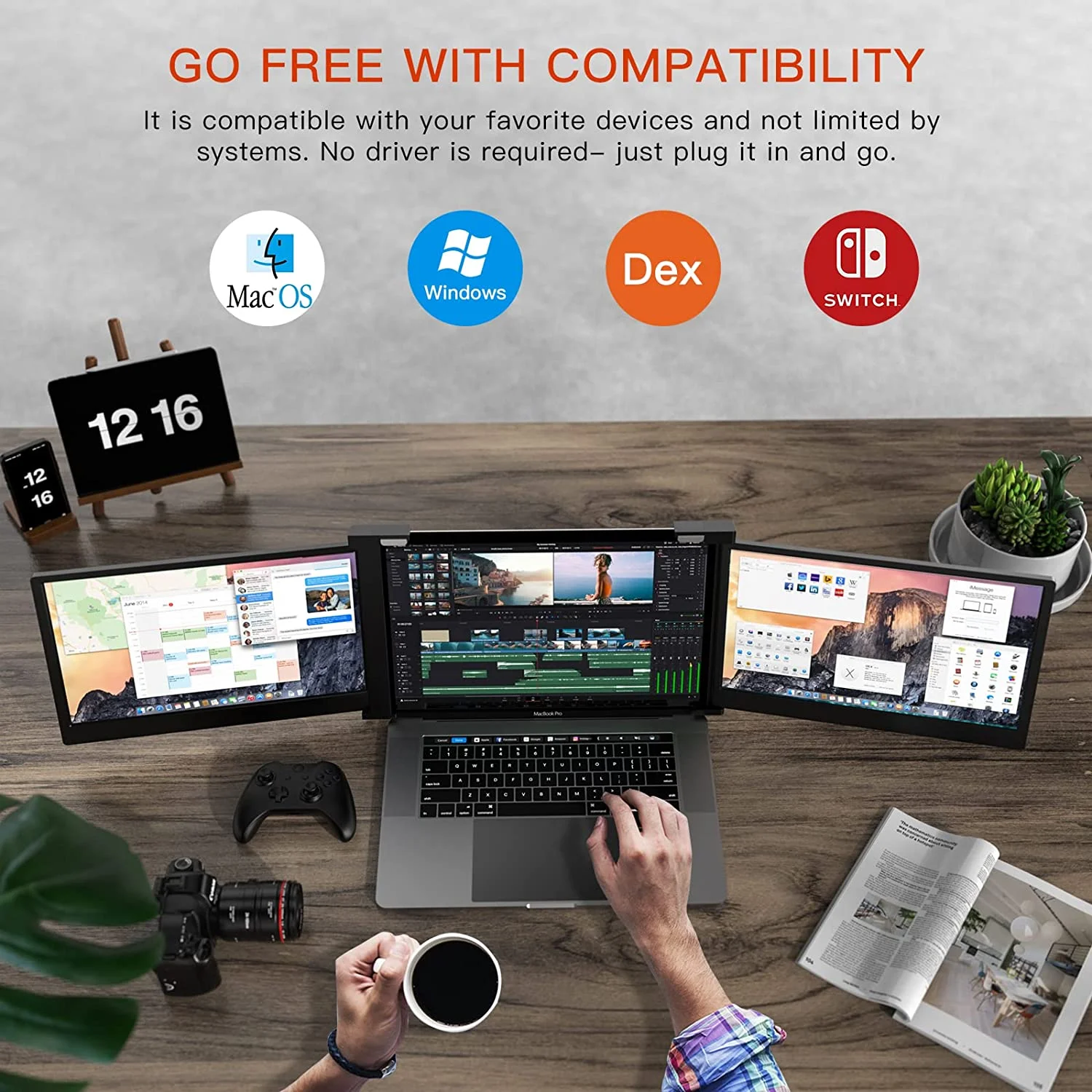LIMINK Portable Triple Monitor Extender with 14inch Screen Used for 15-17inch Laptop Workstation Laptop Expansion Screen FHD 1080P Folding Screen IPS