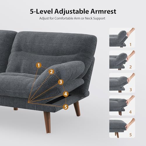 Pipishell Convertible Futon Sofa Bed,66" Corduroy Futon Couch with Adjustable Backrest and Armrests, Recliner Sleeper Sofa for Small Spaces
