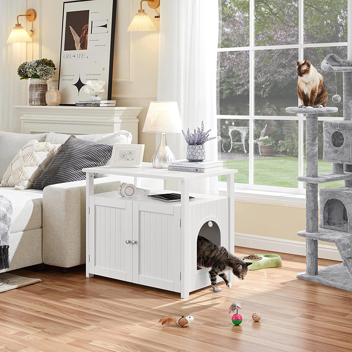 Cat Litter Box Enclosure, Hidden Cat Washroom with Storage Shelf & Adjustable Inner Space, Pet Side for Living Room
