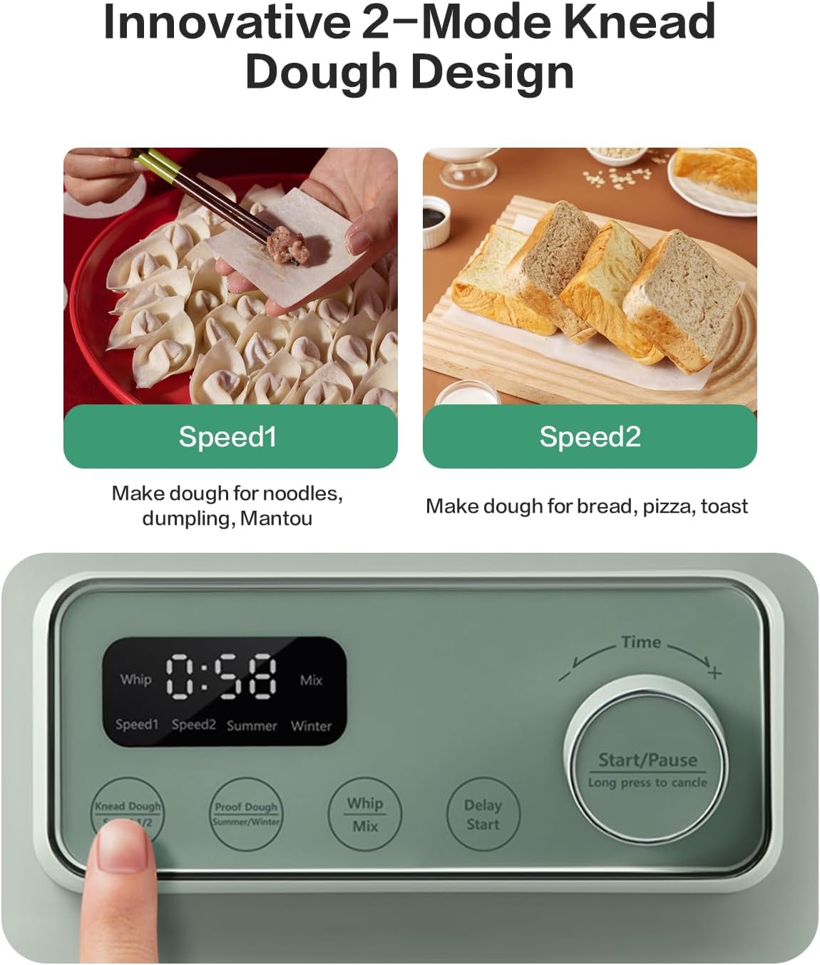 Electric Dough Maker with Proof Dough Function, Microcomputer Timing, 4.5Qt 304 Stainless Steel Bowl, Dough Mixer with Stuffing Blade, Green