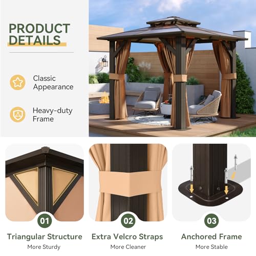 Aoxun 12'x10' Hardtop Gazebo, Aluminum Frame Permanent Pavilion with Curtains and Netting, Outdoor Polycarbonate Double Roof Canopy