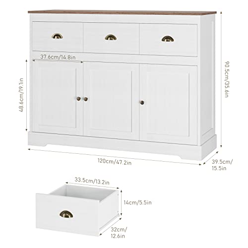 Keyluv White Buffet Cabinet Storage Sideboard Farmhouse Server Bar Wine Cabinet with 3 Drawers & 3 Doors Adjustable Shelves Console Table for Dining