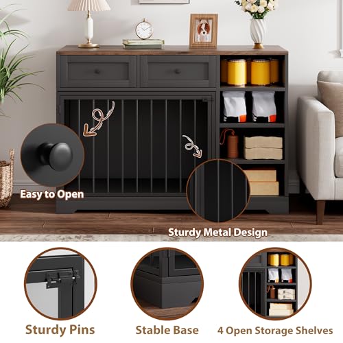 IDEALHOUSE 47” Large Dog Crate, Dog Kennel Indoor with 2 Drawers and 4 Shelves, Dog Crate Furniture TV Stand, Wooden Dog Cage for Medium Large Dogs