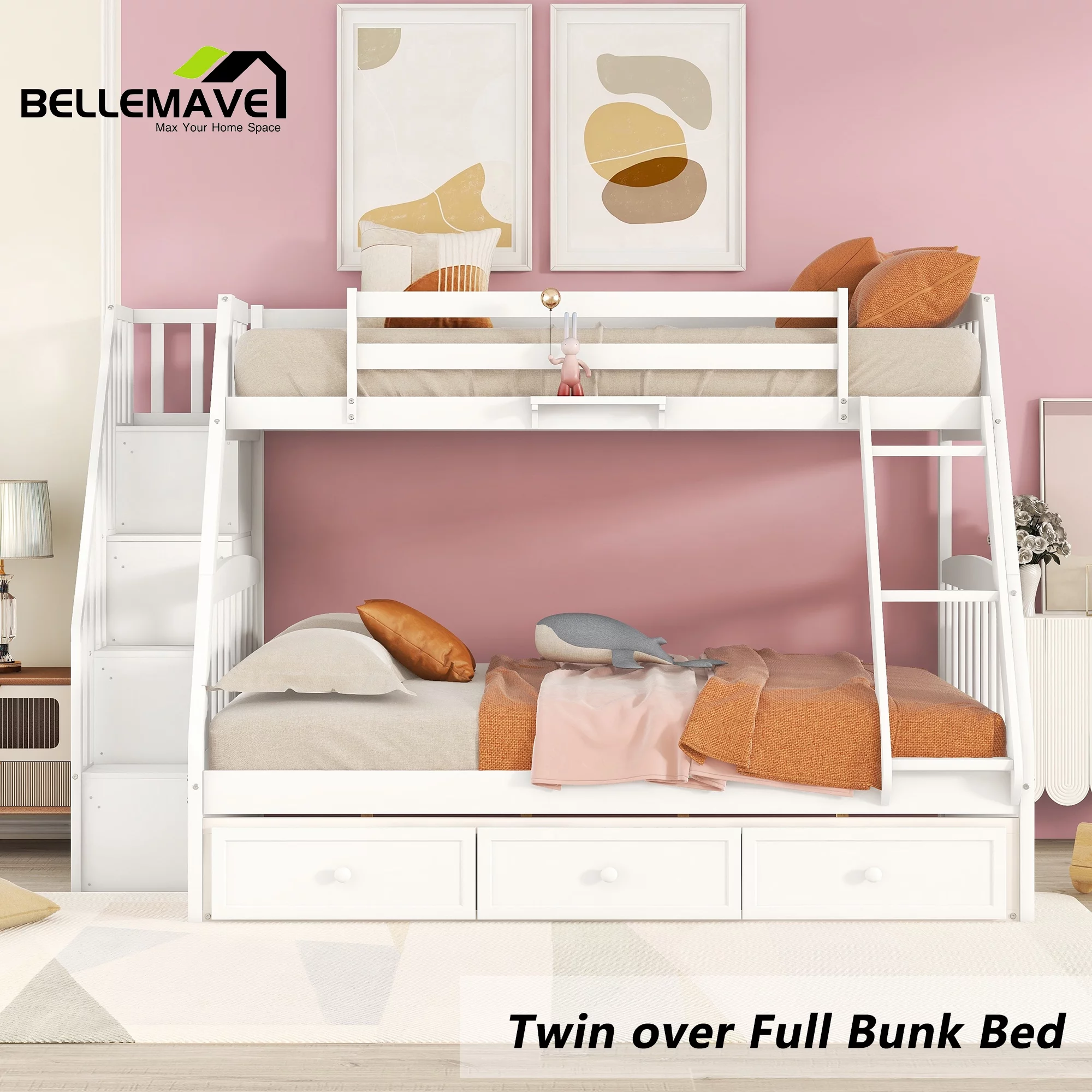 BELLEMAVE Twin over Full Bunk Bed with there drawer, bulid in ladder and storage stairs, Convertible into 2 beds