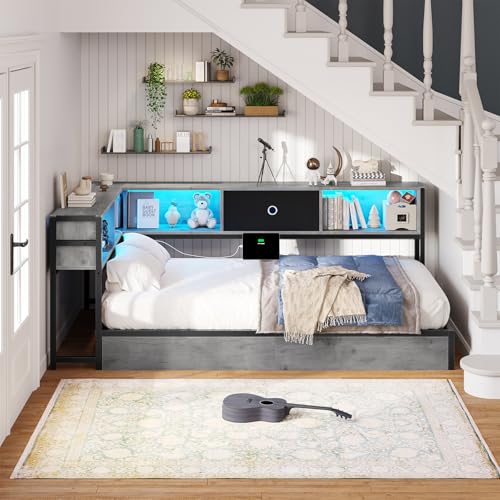 Hasuit Corner Bed Frame with Storage Bookcase, Twin Daybed with Storage Drawers Underneath, Kids Bed Unit with Charging Station and LED Light