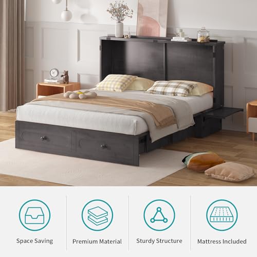 BALUS Murphy Cabinet Bed, Queen Cabinet Chest Bed with USB Charging Station, Tri-Fold Mattress