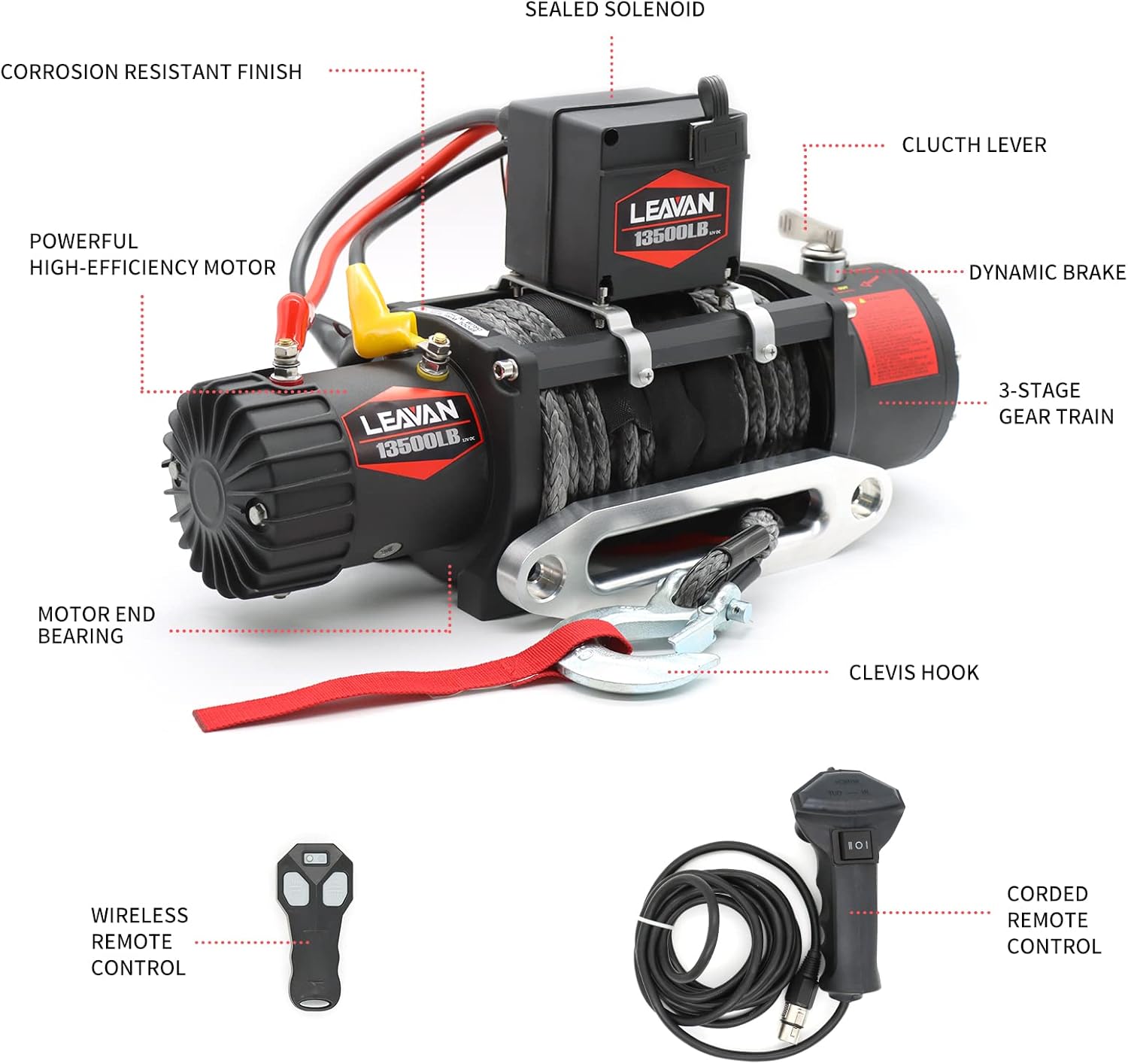 LEAVAN 13500 LB Electric Winch,12V DC Winch with Steel Cable Wire Rope: 21.5L x 6.3W x 8.6 H, 6.2 Ton Pulling Capacity