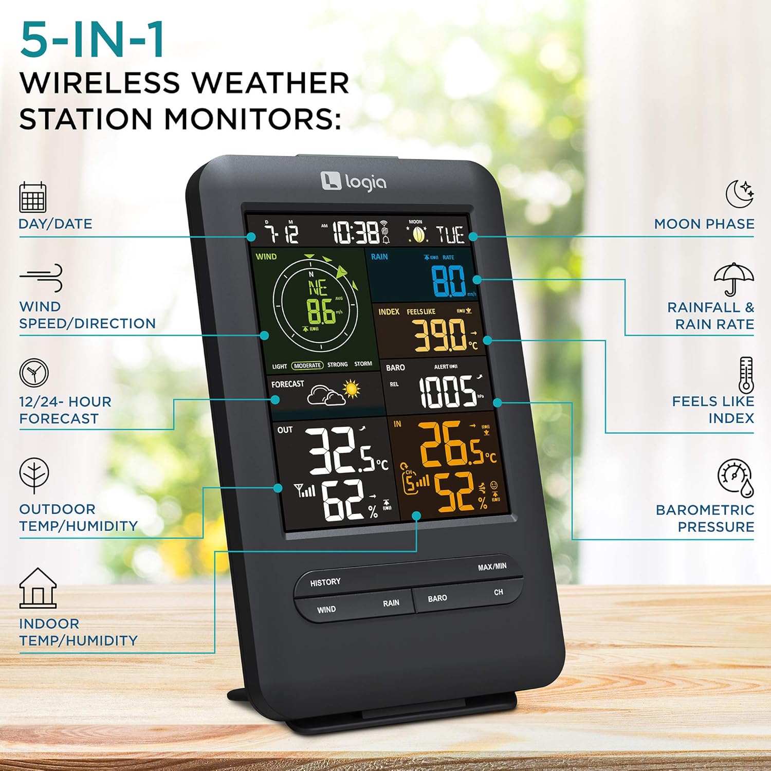 Logia 5-in-1 Wi-Fi Weather Station with Solar | Indoor/Outdoor Remote Monitoring System, Temperature Humidity Wind Speed/Direction Rain & More