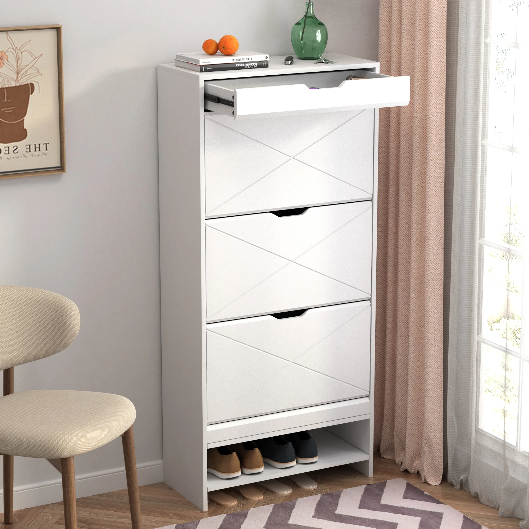 Facilehome Entryway Shoe Cabinet 3 Flip Drawer,Modern Tipping Shoe Rack Organizer for Hallway Bedroom,Indoor White