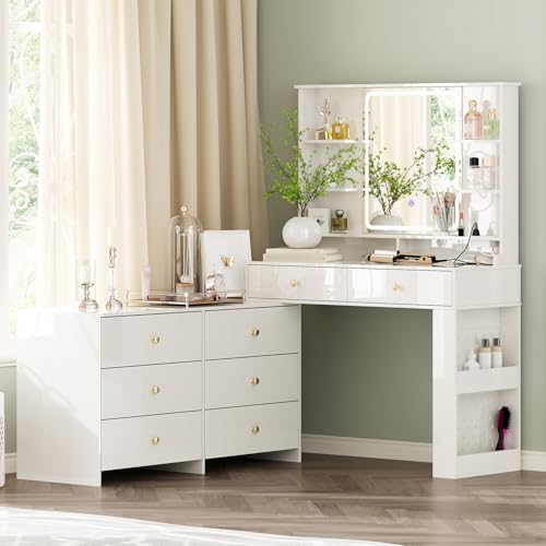 Large Makeup Vanity Desk with Mirror and Lights, Vanity Desk with 8 Drawers & Storage Shelves, Vanity Table with Power Outlet