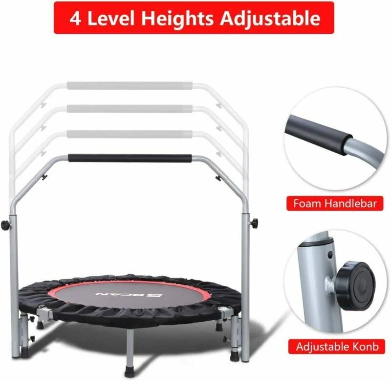 Bcan 40x22 Foldable Mini Trampoline, Fitness Rebounder with Adjustable Foam Handle, Exercise Trampoline for Kids Adults