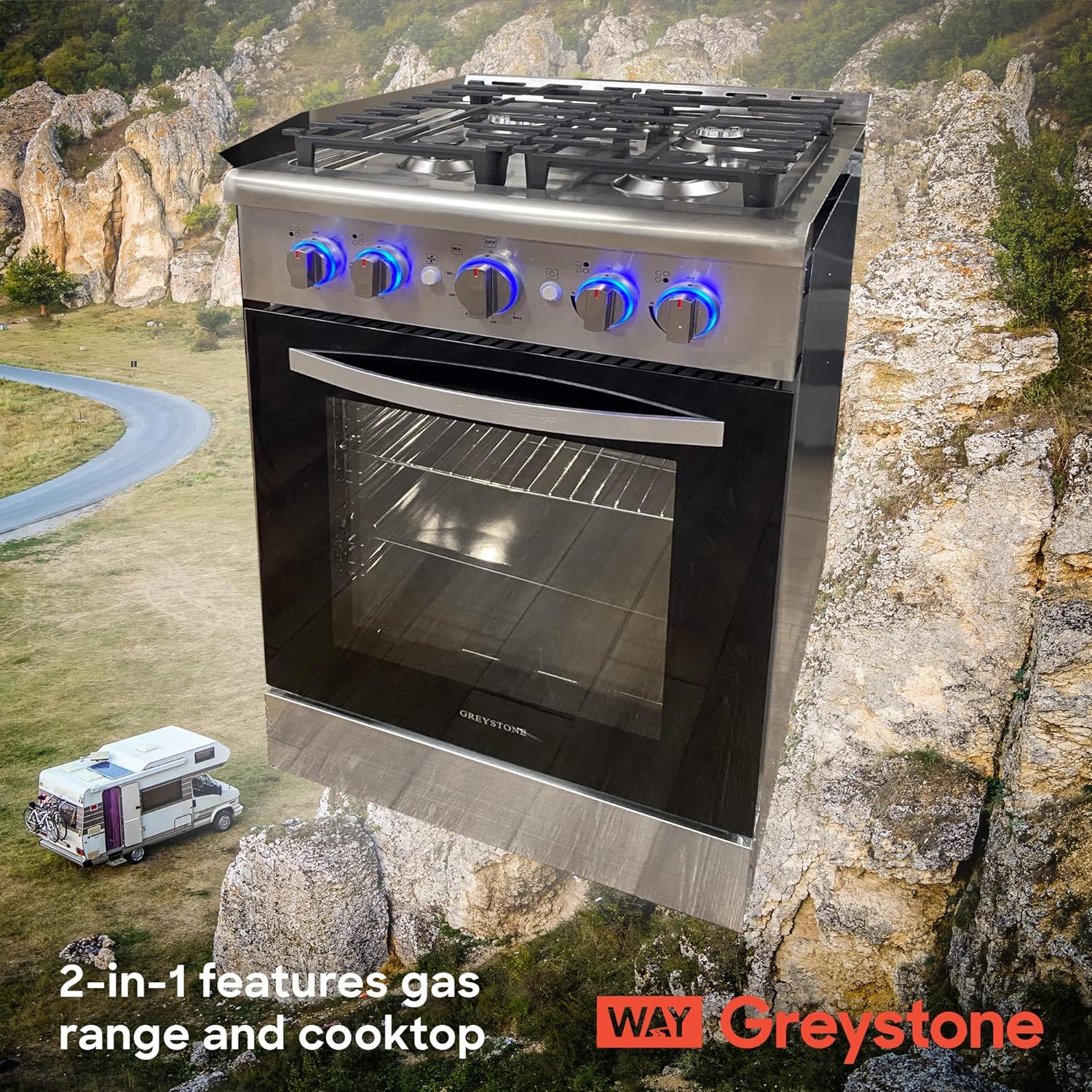 Greystone, 110 Volt RV Gas Range and Cooktop, Stove and Oven Combo, 24 Inch, LP Gas, Stainless Steel