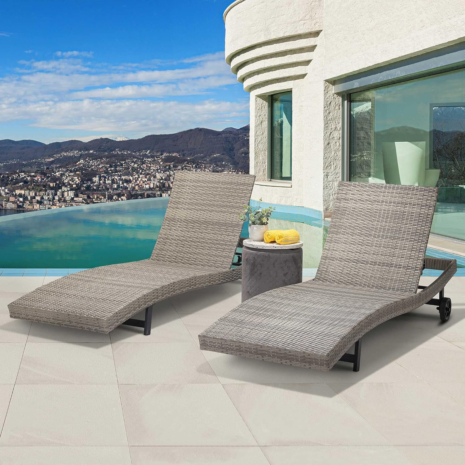 Laurel Canyon Chaise Lounge Sets with Wheels PE Rattan Adjustable Back 2 Pieces Outdoor Wicker Reclining Chair for Patio, Beach, Yard, Pool