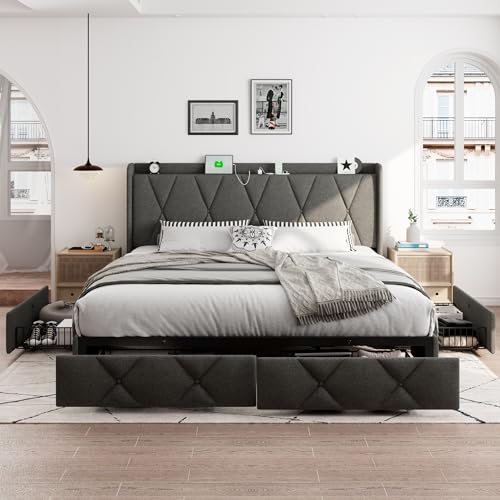 iPormis Queen Bed Frame with 4 Storage Drawers, Upholstered Platform Bed Frame with Charging Station, Modern Wingback Storage Headboard