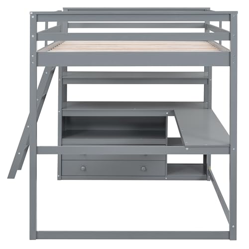 Full Size Loft Bed with Desk & Wardrobe, Solid Wood Kids Loft Bedframe w/3 Storage Drawers & 2 Shelves, Maximum Space Design, for Bedroom, Dorm, Gray