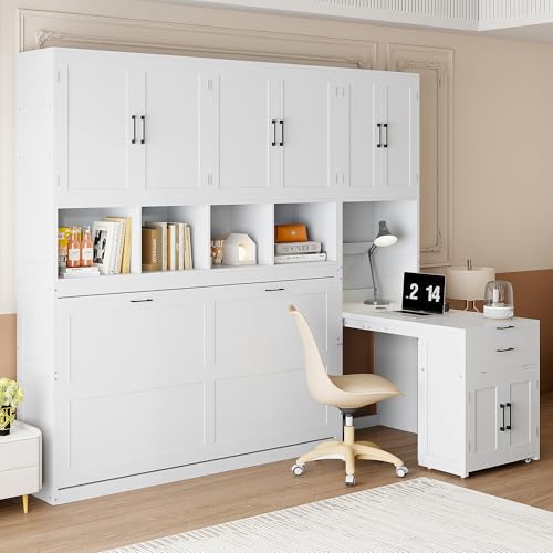 Harper & Bright Designs Twin Size Murphy Bed, Wooden Twin Wall Bed Frame with Closet, Drawers & Desk, White