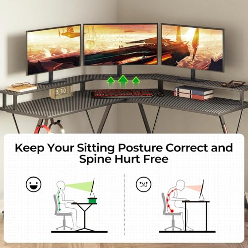 SEVEN WARRIOR Gaming Desk 50.4” with LED Light & Power Outlets, L-Shaped Gaming Desk Carbon Fiber Surface with Monitor Stand