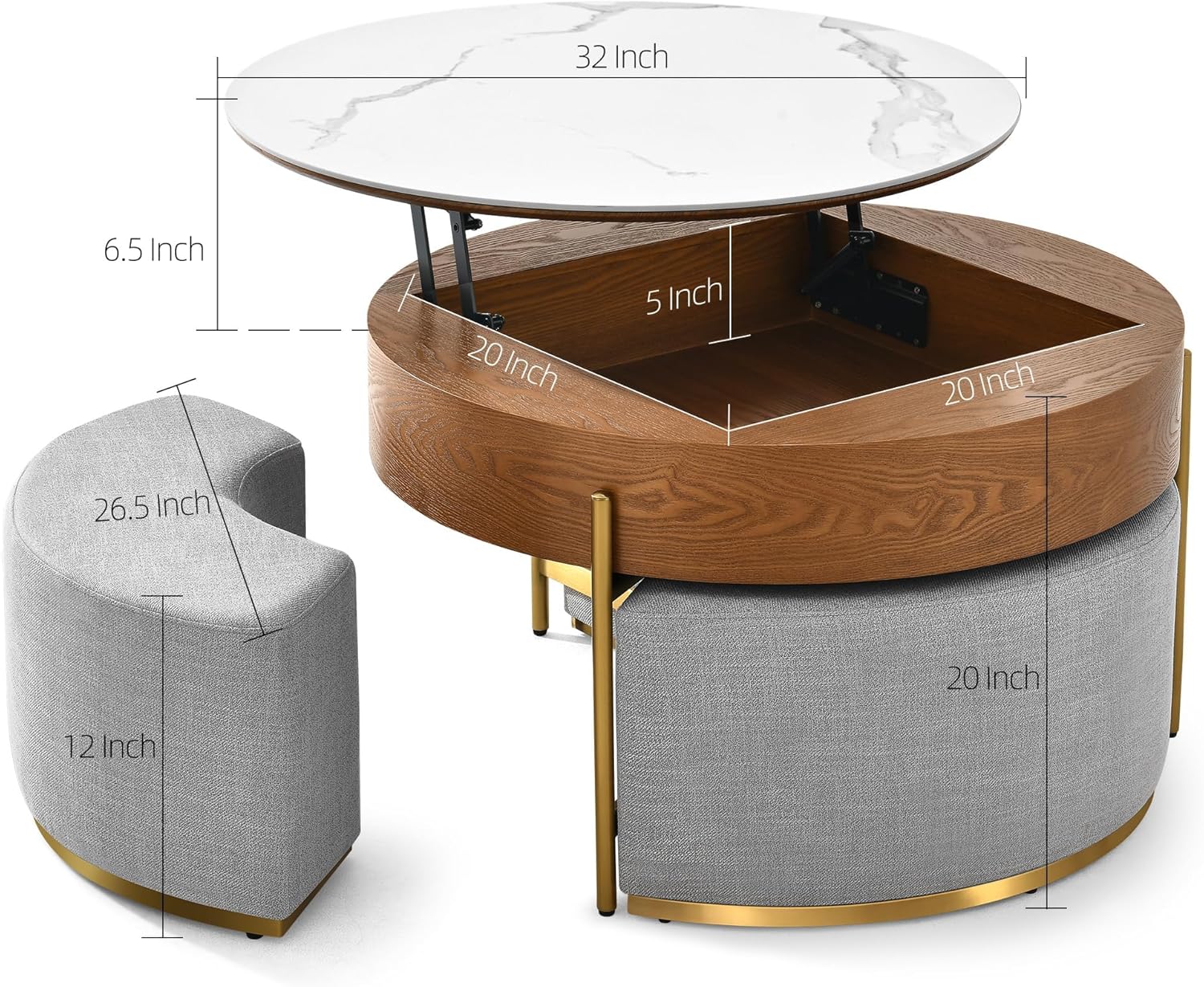 DWVO 32" L Round Marbling Pattern Slate Coffee Table with Storage 3 Stools Wood Rustic Boho Lift Top Coffee Table Set for Living Room