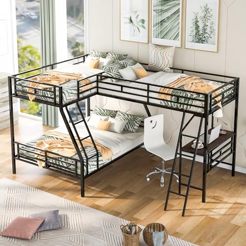 SOFTSEA Heavy Duty Metal Triple Bunk Bed, L Shaped Triple Bunk Bed with Desk, Bunk Beds Twin Over Full Size