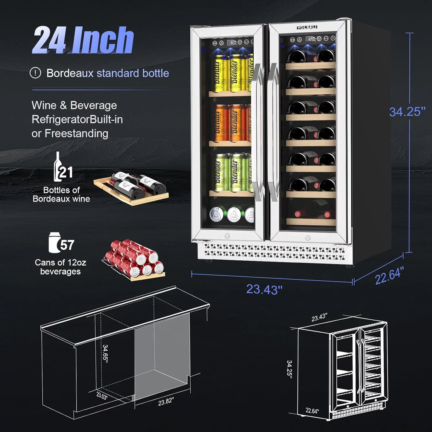 Yolsali 24 Inch Wine Cooler, Beverage Refrigerator, Dual Zone Wine Cooler Refrigerator with 2 Safety Locks, Adjustable Legs, Soft LED Light