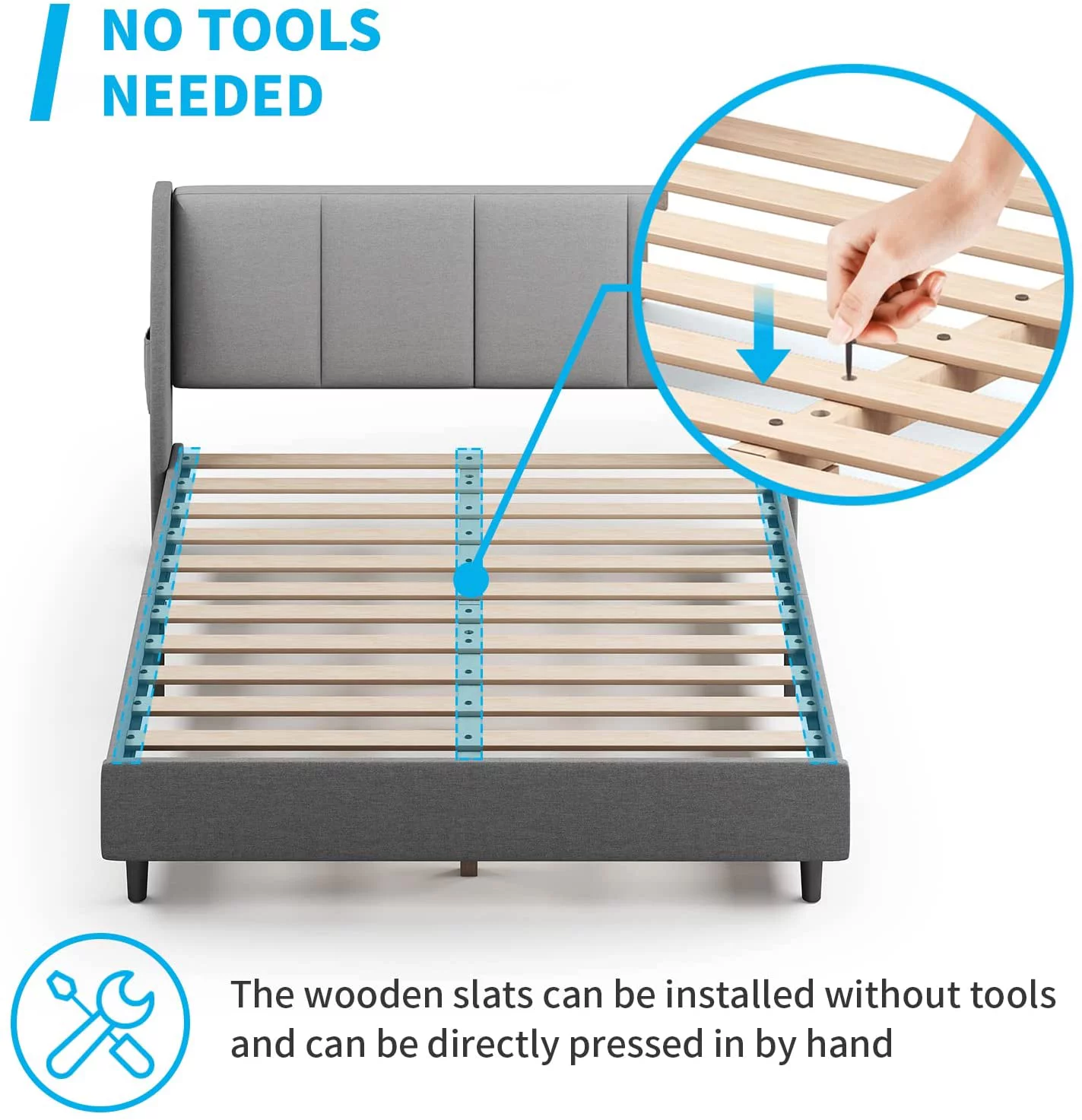 Mjkone King Platform Bed Frame with Wooden Slat Support, King Bed Frame and Headboard, King Size Bed Use Linen Upholstery