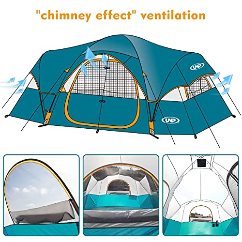 UNP Camping Tent 10-Person-Family Tents, Parties, Music Festival Tent, Big, Easy Up, 5 Large Mesh Windows, Double Layer, 2 Room, Waterproof