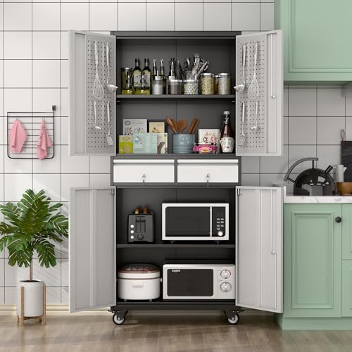 Aobabo 71" H×32" W×16" D Metal Storage Cabinet with Wheels, Garage Steel Storage Cabinet with 5 Adjustable Shelves and 4 Hooks for Home Office
