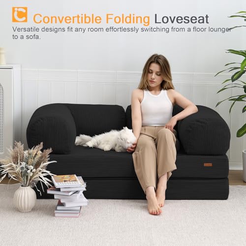 COMAX Folding Sofa Bed, Convertible Chair Bed Corduroy 3-in-1 Foldable Floor Couch with High-Density Foam, Futon Sofa Sleeper Mattress