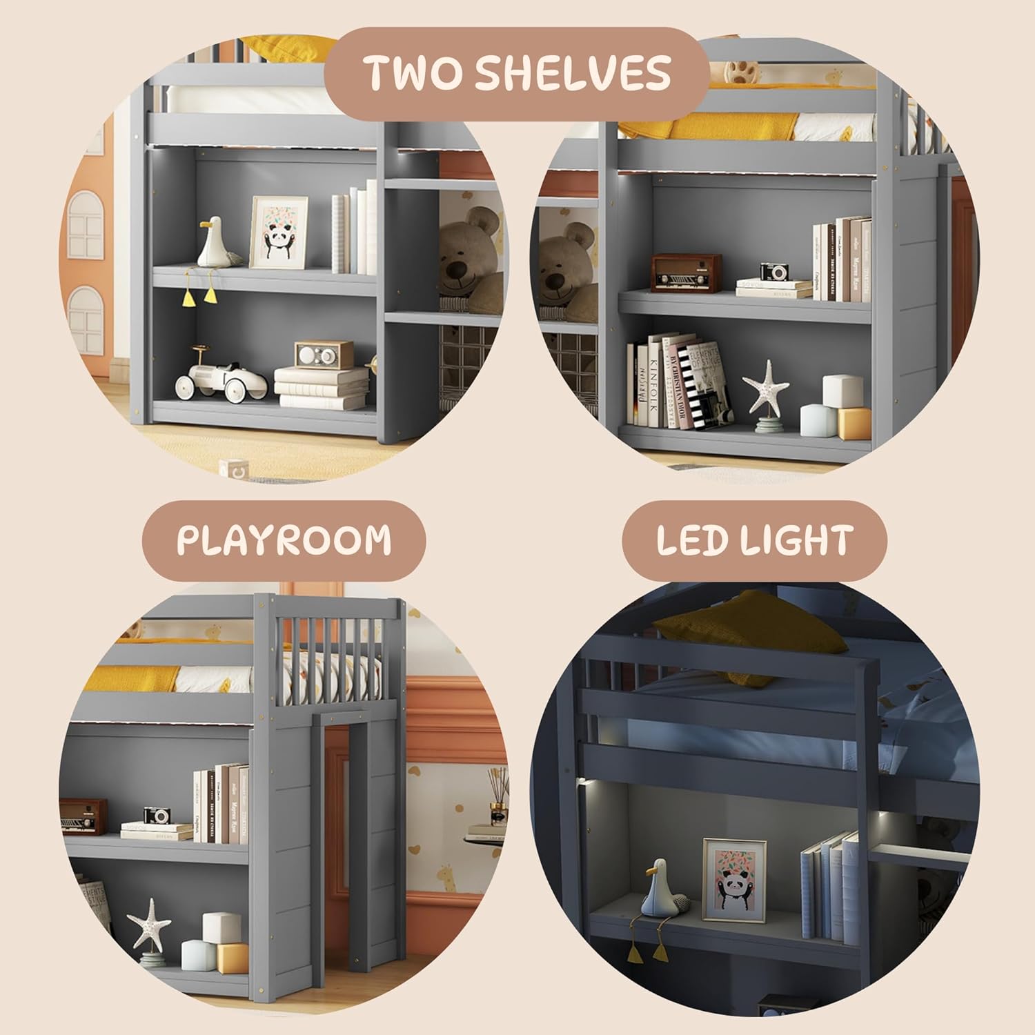 LED Twin Size Low Loft Bed for Kids,Twin Loft Bed with Storage Shelves,Kids Low Loft Bed Frame with LED Light,Space Saving, Grey