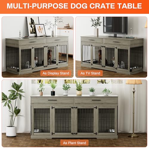 Rophefx 72" Dog Crate Furniture for 2 Dogs, Large Double Dog Kennel Indoor Furniture with 2 Storage Drawers and Removable Divider