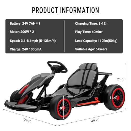Kids Go Kart, Ride On Drift Kart with Dual 200W Motors, 24V Battery Powered Electric Drift Car, Outdoor 2-Speed Ride On Racing Toy for Boys Girls 6+