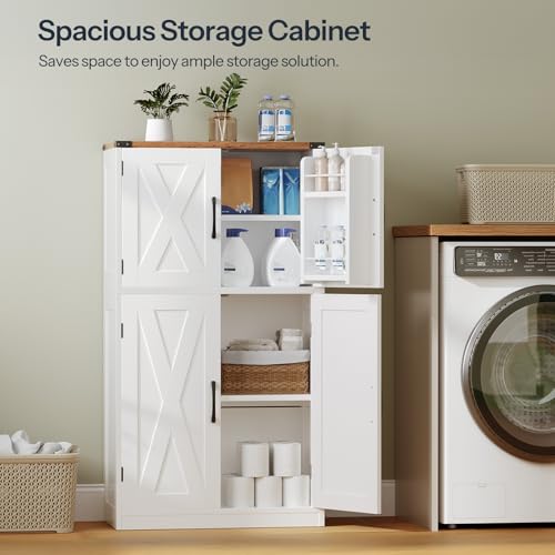 HOOBRO Bathroom Storage Cabinet, Farmhouse Freestanding Floor Cabinet with 2 Extra Hidden Storage Doors, Adjustable Shelves, Large Capacity
