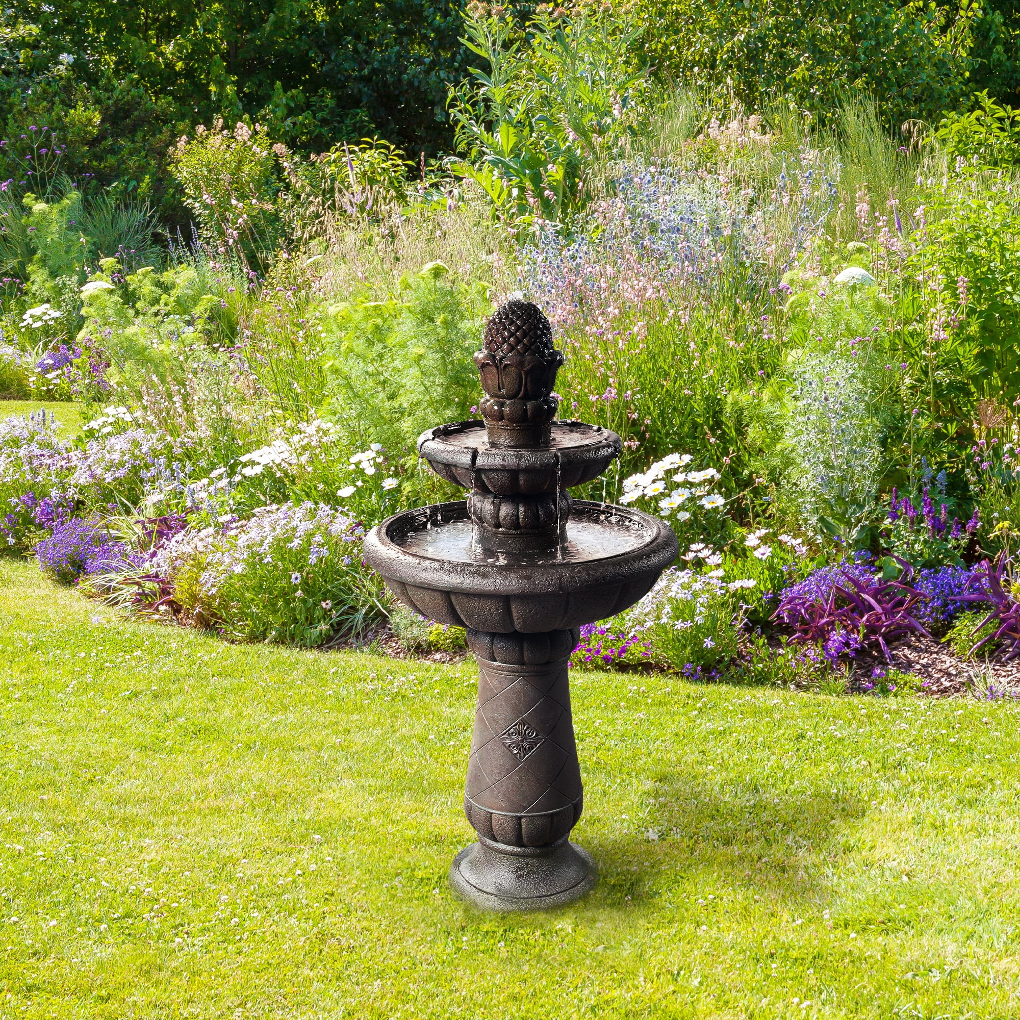 Teamson Home Porch Deluxe Pineapple 2-Tier Polyresin Pedestal Fountain for Garden, Gray
