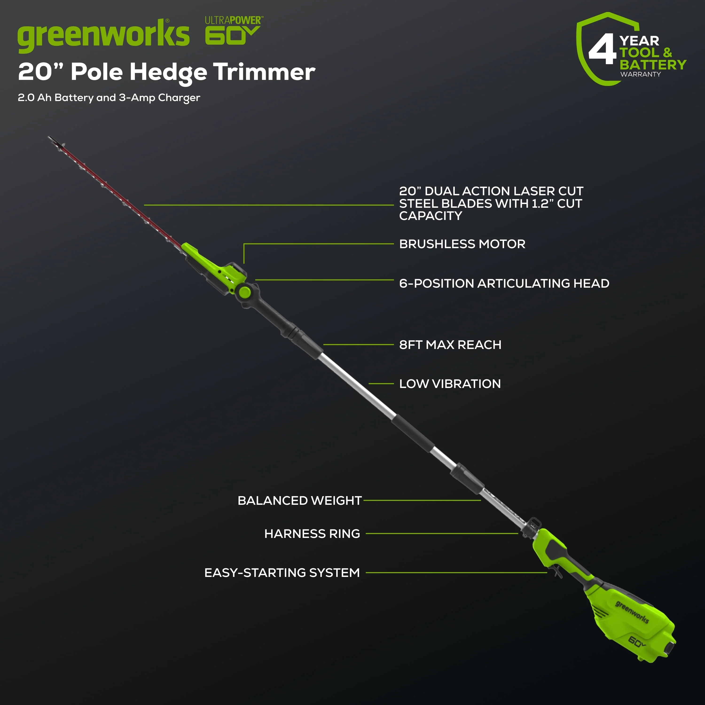 Greenworks 60V 20 Pole Hedge Trimmer with 2.0 Ah Battery & 3 Amp Charger 2307502
