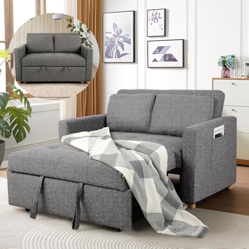 SEJOV 3-in-1 Convertible Sofa Bed, Linen Fabric Sleeper Couch Pull Out Bed, 49" 2-Seater Loveseat Futon Sofa with Spring Support